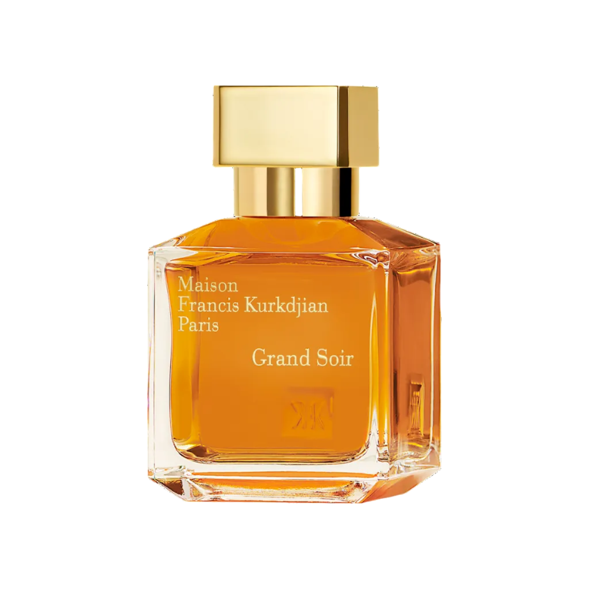 Maison Francis Kurkdjian Grand Soir perfume bottle with gold cap on a white background