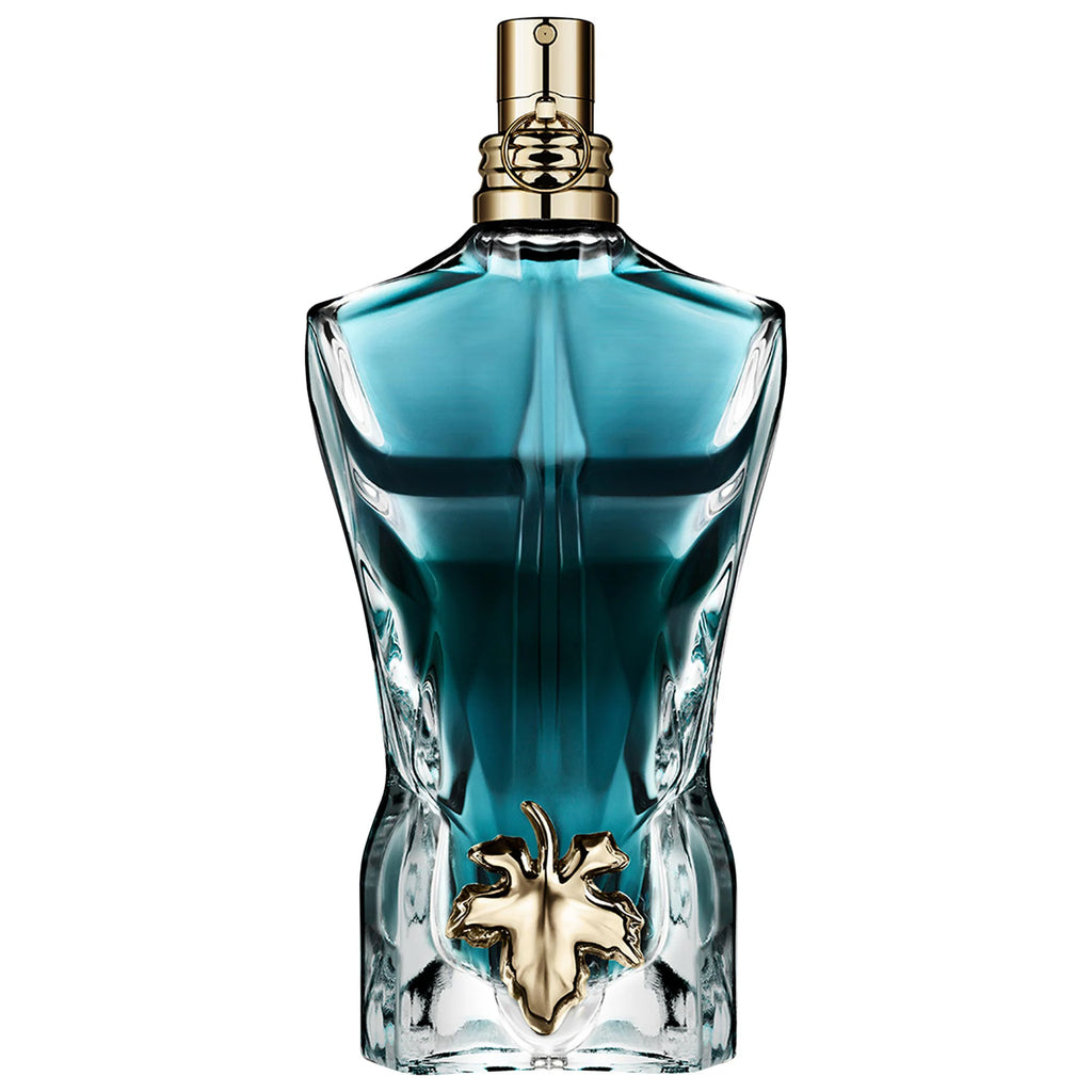 Blue perfume bottle with gold accents on a white background