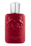 Red perfume bottle with silver cap on a white background