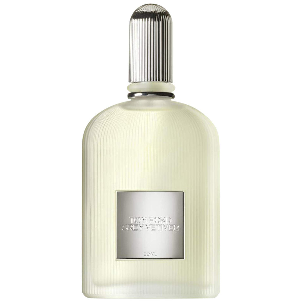 Perfume bottle with silver cap and label on a white background