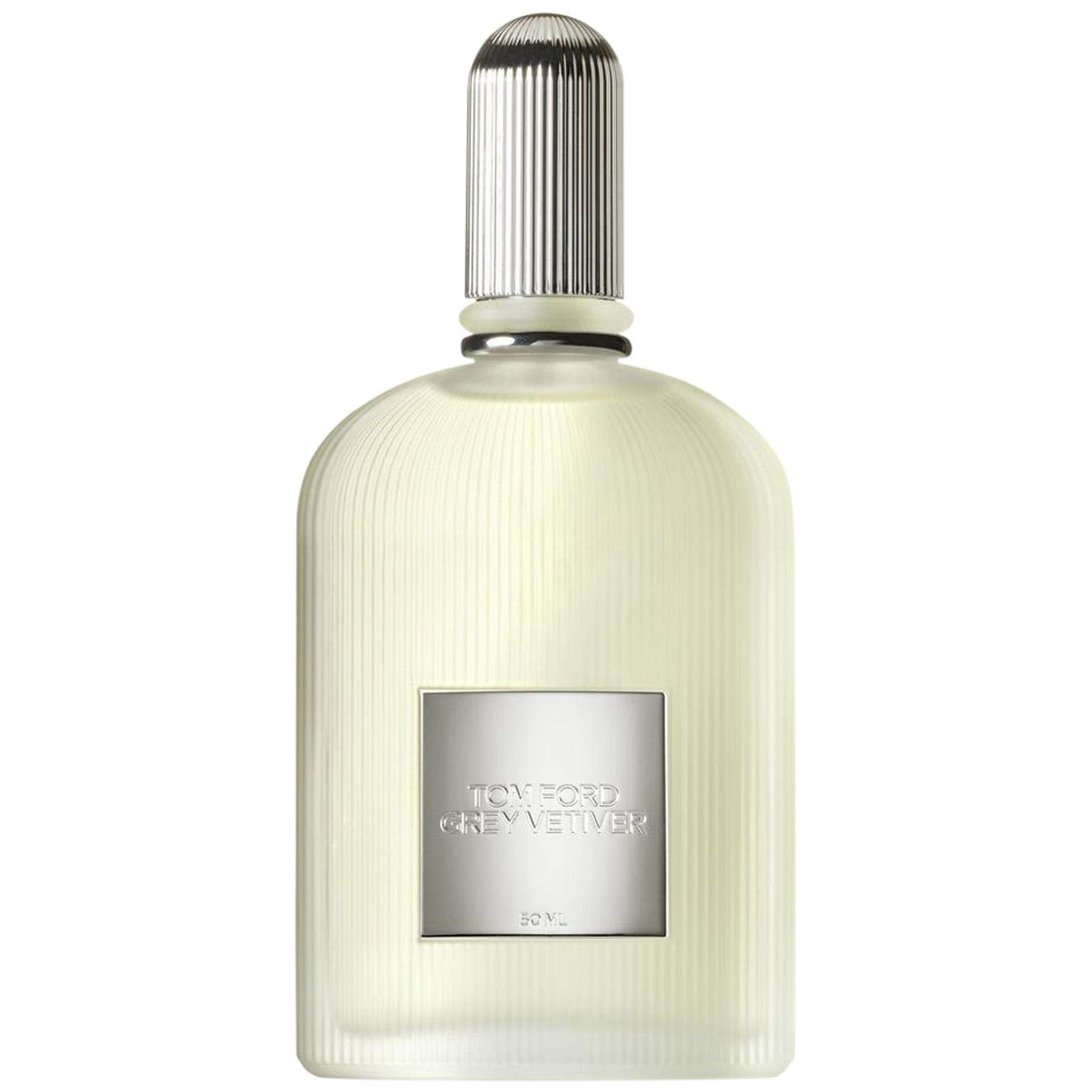Perfume bottle with silver cap and label on a white background