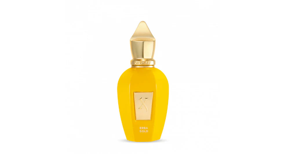 Yellow bottle with a gold cap on a white background