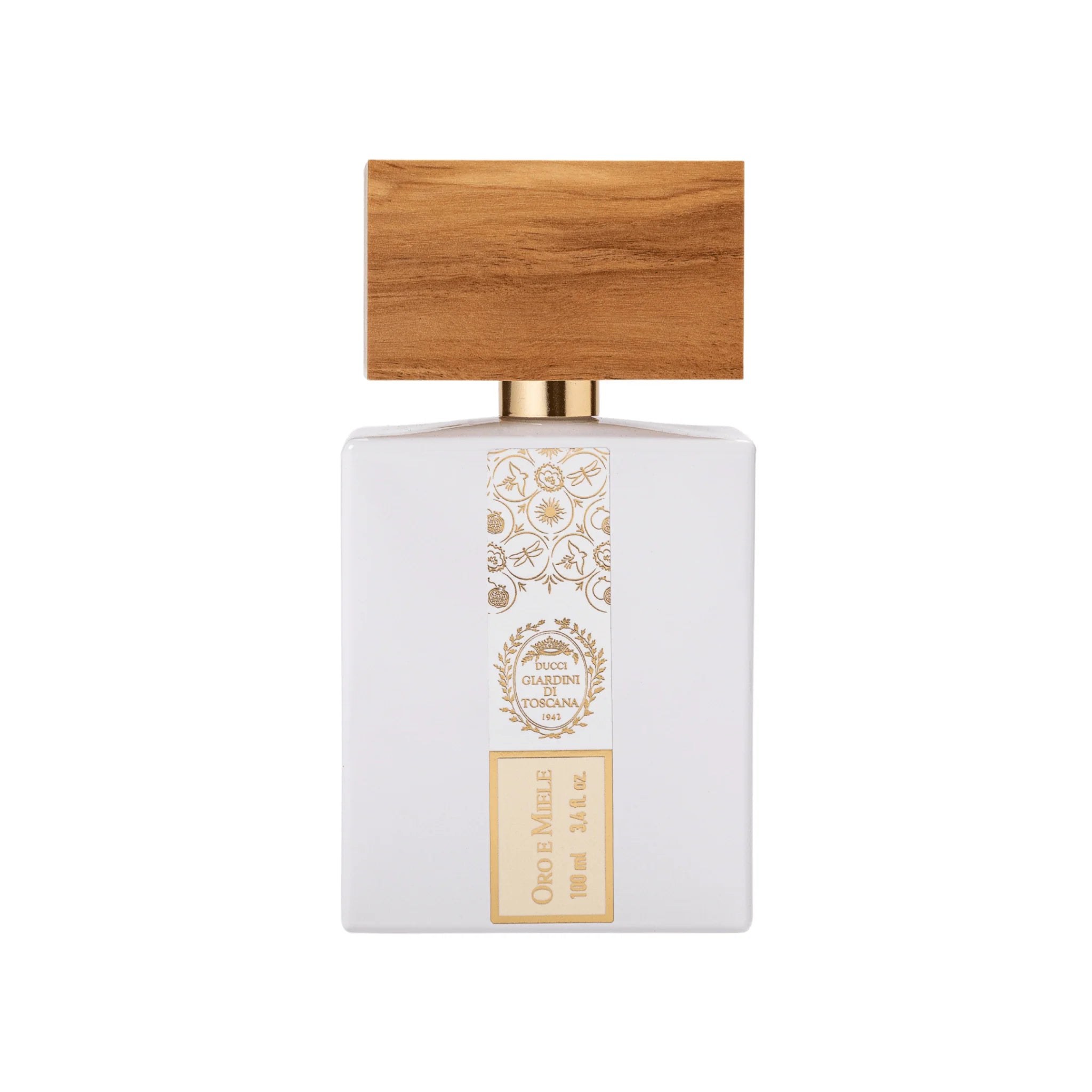 Perfume bottle with wooden cap on a white background